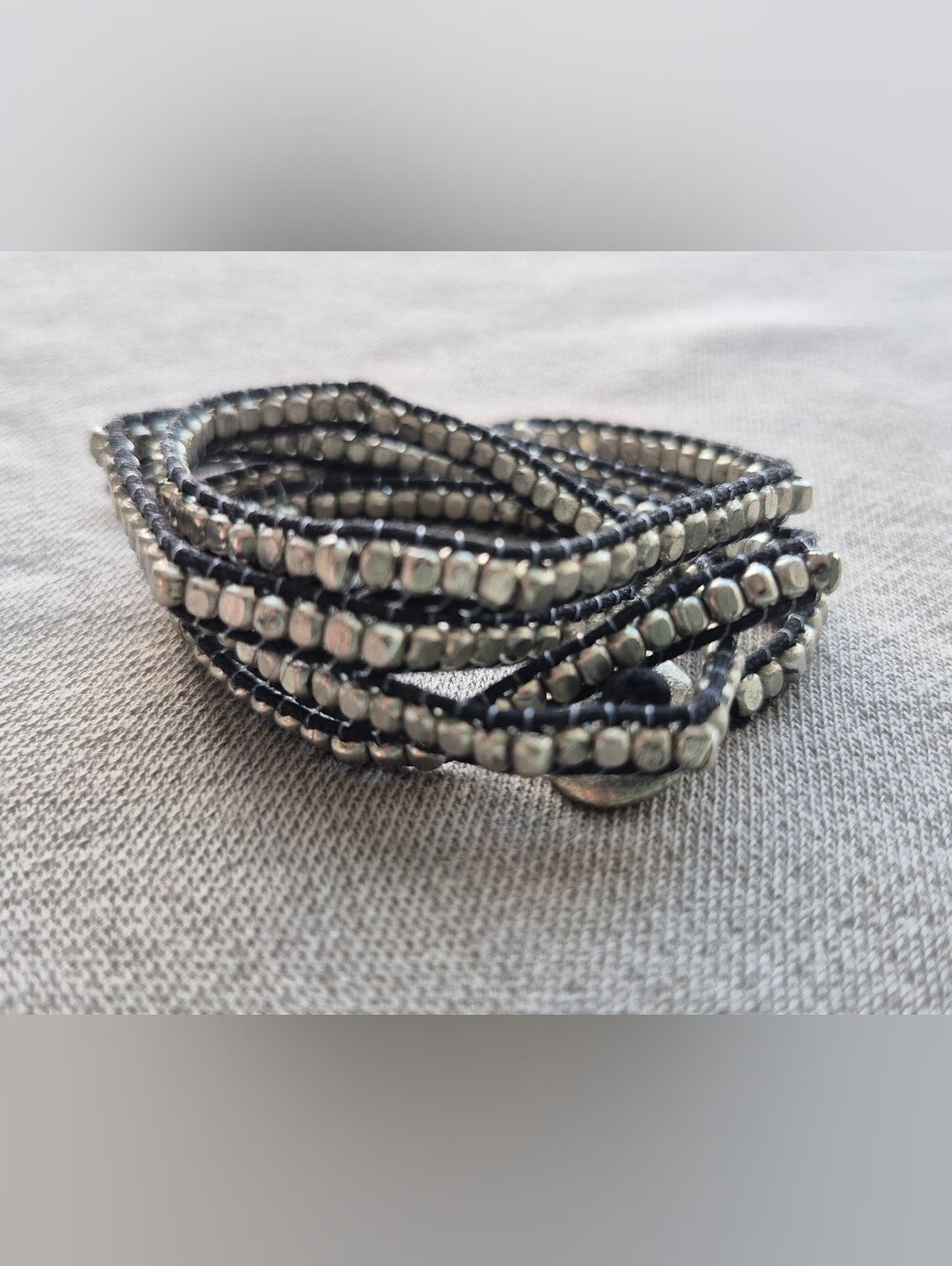 Silver Beaded Wrap Bracelet with Black Cord
